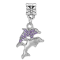 Silver double dolphin pendant with purple rhinestones for DIY charm bracelets - Purple Dolphin Pendant (#33)