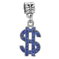 Silver dollar sign charm bead with sparkling blue crystals for DIY jewelry bracelets - Dark Blue