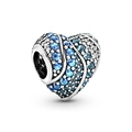 Zilveren hartbedel met blauw en wit zirkonia golfpatroon voor doe-het-zelf-armbanden - Hartvormig Blauwe Golf Pavé