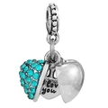 Vintage hart bedel met blauwe strassteentjes en I Love You gravure voor armbanden - I Love You Hart Blauwe Strass