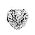 Silver hollow heart charm with white cubic zirconia pavé for DIY beaded bracelets - Hollow Filigree Pavé Heart Bead (#53) / White Zirconia Silver
