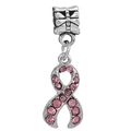 Pink rhinestone ribbon pendant charm with silver base and bow-engraved large hole bead - Pink Ribbon Style (#3)