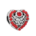 Silver heart charm bead with red zircon pavé stones and vintage scroll patterns - Red Zircon Scroll Heart Pendant (#54) / Silver with Red Stones