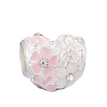 Charm coeur en argent avec fleurs en émail rose et cristaux brillants au centre - Fleur de Cœur Argentée (34#)