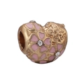 Charme de coeur en or rose avec fleurs en émail rose et cristaux étincelants - Fleur de Cœur Or Rose (35#)