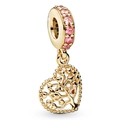 Charm cœur doré avec motif arbre de vie et pierres roses pavées sur l'anneau - Cœur Arbre de Vie Doré (37#)