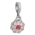 Silver blooming daisy flower pendant with pink enamel and red crystal charm bead - Pink Enamel Flower Style (#10)