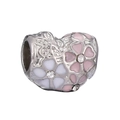 Charm cœur argenté avec fleurs en émail rose et accents de cristaux étincelants - Style Cœur en Émail Rose (#8)