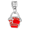 Red enamel basket charm with silver flower and zircon stones for DIY bracelets - Red Basket Shape Pendant (#20)