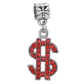 Silver dollar sign charm with red crystals for DIY necklace and bracelet jewelry - Red Rhinestone Dollar Sign Pendant (#21)