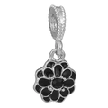 Silver charm featuring a black enamel flower pendant with a central black gemstone - Black Daisy Style (045)