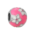 Pink enamel bead with white flower patterns for DIY charm bracelets and jewelry - Pink White Enamel Bead (#41)