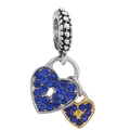 Pendentif cœur argent et or avec strass bleus pour la création de bracelets - Style Double Serrure Strass Bleu (#40)