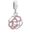 European style silver floral hollow charm with pink rhinestones for charm bracelets - 4mm / Pink Flower (033) / 5 Pieces