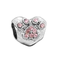 Silver heart bead with pink rhinestone paw print for personalized charm bracelets - Normal Specification / Pale Pink Rhinestone (003)