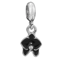 Silver-toned DIY bracelet charm with black enameled flower and rhinestone center - Black Rhinestone Flower Style (029)