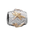 Exquisite silver textured charm bead featuring a 3D golden dragonfly for DIY necklaces - Gold Dragonfly Embossed Bead (#21)