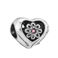 Silver heart bead with flower and pink crystal for DIY charm bracelet jewelry - Heart Hollow Pink Gem Bead (#25)