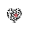Hollow heart charm bead with red crystal and vine texture for DIY snake chain necklace - Red Gem Vine Heart Bead (#40)