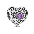 DIY silver filigree heart charm with purple gemstone for beaded necklaces and bracelets - Purple Gem Hollow Filigree Heart Bead (#41)