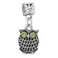 Silver owl bead charm with green rhinestone eyes and bow detail for DIY snake chain - Retro Silver Green Eye Owl Pendant (#43)