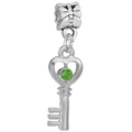 Silver snake chain key pendant with heart-shaped green crystal and bow bail - Green Gem Heart Key Pendant (#53)