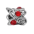 Vintage silver snake chain bead with intricate relief patterns and red rhinestones - Retro Silver Red Gem Embossed Bead (#68)