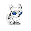 Polished silver fox charm with sparkling blue gemstone eyes for jewelry bracelets - Blue Eye Sitting Fox Style (#62)