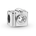 Vintage SLR camera charm in polished silver finish with sparkling center crystal - Silver Vintage Camera Style (#63)