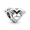 Silver heart charm with angel wings and Mom engraving for DIY bead bracelets - Mom Letter Wing Heart Style (#75)