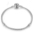 Pulsera clásica de cadena de serpiente plateada con cierre cilíndrico grabado con Love - Pulsera de Cadena de Serpiente - 16cm
