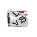 Silver barrel charm bead with engraved LOVE text and red enamel heart for bracelets - Love Letter Heart Barrel Bead (#79)