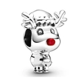 Polished silver Christmas reindeer charm with red nose and Santa hat for bead bracelets - Red Nose Christmas Reindeer (#82)