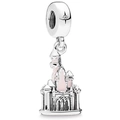 Silver European castle charm with pink enamel and star pattern for beaded bracelets - H22 / Standard Spec