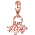 Rose gold travel charm set featuring detailed airplane, globe, and pink heart suitcase - 001
