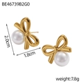 Detail view of gold bow and pearl earrings with dimensions 2.0cm and weight 7.8g - Bowknot Pearl Stud Earrings (BE46739B2G0)