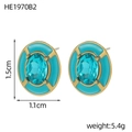 Detailoverzicht van turquoise emaille oorbellen met kristallen, maat 1,5 cm bij 1,1 cm - Blauwgroene Ovale Stijl (HE1970B2)