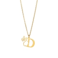Macro view of golden necklace pendant featuring letter D with floral and face silhouette - Letter D