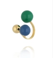 Anello aperto dorato regolabile con eleganti sfere color verde scuro, blu e oro lucido - Perle Verde Scuro Blu Scuro e Oro Brillante (HJ1731D27)
