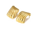 Elegant gold-plated bow-shaped stud earrings with vintage scallop textured finish - Gold Vintage Striped Style (HE45433FW0)