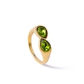 Golden titanium steel ring featuring double pear-cut green gemstones in bezel setting - Dark Olive Green (ZB40650B9A3)