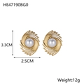 Golden spiral bow earrings with white pearl detail measuring 3.3cm by 2.5cm size - Gold Spiral Radial Pearl Stud Earrings (HE47190BG0)