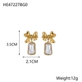 Golden bow tassel earrings with rectangular pearl drop pendants, 3.5cm length design - Gold Bowknot Artificial Pearl Drop Earrings (HE47227BG0)