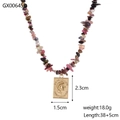 Macro view of multi-color natural stone chain and vintage gold relief pendant necklace - Multicolor Crushed Stone Beads Portrait Coin Pendant (GX00645D)
