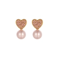 Détail de boucles d'oreilles en cœur avec cristaux roses et perles roses rondes - Cœur Rose Avec Perle Rose (GE00571B-1)