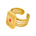 Detailaufnahme: Vintage-Goldring mit Sonnenstrahlmuster und rotem Zentrum-Detail - Rechteckiger Grüner Stein Sonnenmuster Stil (BJ1067B5)