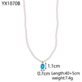 Detail of pearl necklace with blue gemstone pendant showing 40+5cm length measurements - Imitation Pearl Blue Stone Pendant Necklace (YX1870B)