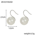 Detail view of large faux pearl drop earrings with silver metal hooks and size dimensions - Milky White Pearl Hook Earrings Silver (ZE43310I2G0)