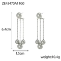 Detailed view of elegant silver tassel earrings with hanging faux pearls on white backdrop - Long Tassel Pearl Drop Earrings (ZE43470A11G0)