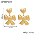 Close-up of golden bow earrings with heart design featuring a matte brushed finish - Gold Heart Double Bow Style (BE45654BW0)